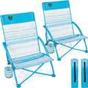 2 Pack Low Beach Chair,Folding Recliner Camping Chair for Adults,Lightweight Backpacking Low Seat Camping Chairs with Cup Holder,Carry Bag for Outdoor Camp Lawn Picnic Festival,Blue Strip, 30X20.5X18 inch