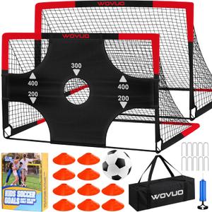Kids Soccer Goals for Backyard Set of 2, 6x4 ft Portable Toddler Soccer Goal Training Equipment with Soccer Target, Ball, Cones, Soccer Net for Kids Age 3-5 6-8 8-12 10-12-14 Outdoor Sports Games Gift (Black Red)