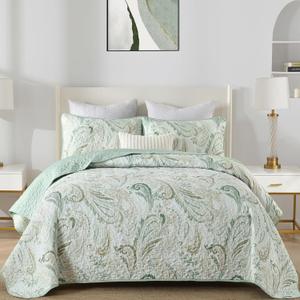 WONGS BEDDING Boho Quilt Set King,Sage Green Paisley Floral Pattern Bedspread Coverlet Set with 2 Pillowcases,Lightweight Microfiber Bohemian Quilt Bedding Set 104"90"