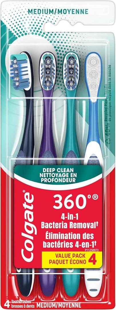 Colgate 360 Whole Mouth Toothbrush, Adult Toothbrushes Medium Bristles, Helps Remove Bad Breath Bacteria and Plaque, Medium Toothbrush Pack, Includes Cheek and Tongue Cleaner, 4 Pack