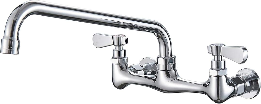 BWE Kitchen Faucet Wall Mount with 12 Inch Swivel Spout 8" Center 2-Handle Commercial Sink Faucet Mixer Tap Polish Chrome Utility Faucet