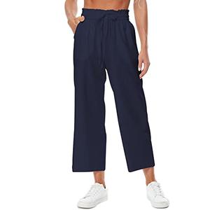 EZPERY Womens Linen Pants Elastic High Waisted Wide Leg Drawstring Casual Loose Cropped Pants with Pockets Navy Size XL