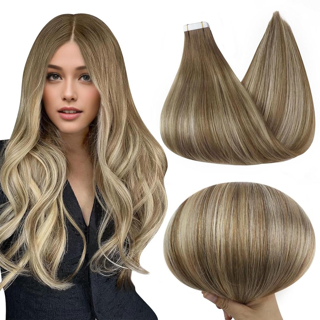 Full Shine Tape in Hair Extensions Human Hair Short 12Inch Blonde Adhesive Tape in Extensions Color 6 Fading to 6 Brown and 60 Platinum Blonde 30G 20Pcs Remy Seamless Tape in Balayage Hair Extensions 