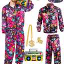 80s Outfit for Men Neon Baggy Tracksuit Set 90s Vintage Couples Costumes for Adults Women Retro Hip Hop Windbreaker 8PC (Medium, Black)