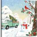 Woxfcart Winter Scene Canvas Wall Art, Christmas Vintage Truck with Tree, Cardinal and Snowman, Holiday Decor, 12 x 12 Inch