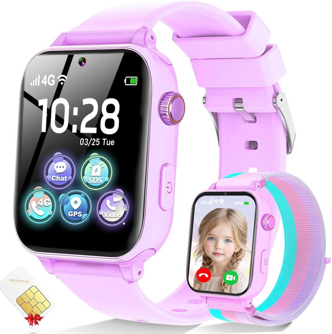 4G Kids Smart Watch GPS Tracker, Smartwatch for Kid with Video Calling, Voice Chat, Class Mode, SOS, Pedometer, Alarm, Games, SIM Card HD Touch Screen Phone Watch Gift for 412 Girls Boys, Purple