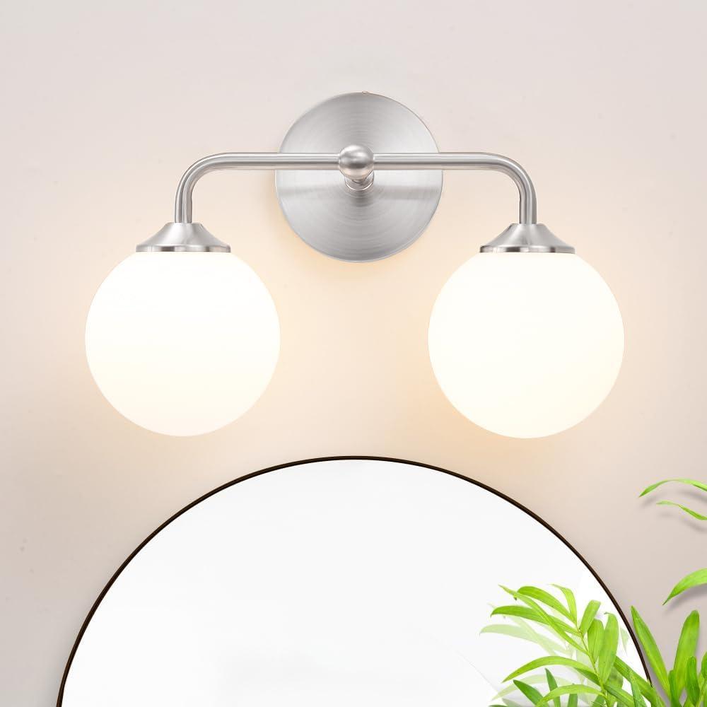 Modern Brushed Nickel 2-Lights Bathroom Vanity Lights, Bathroom Lighting Fixtures Over Mirror with Milk White Globe Glass Shade, Elagant Wall Sconces for Dressing Table Bedroom Living Room