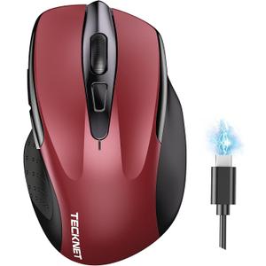 TECKNET Wireless Mouse (BT5.0/3.0 & 2.4G) Rechargeable 4800 DPI Silent USB A & Bluetooth Mouse 6 Buttons, Wide Compatibility - Red