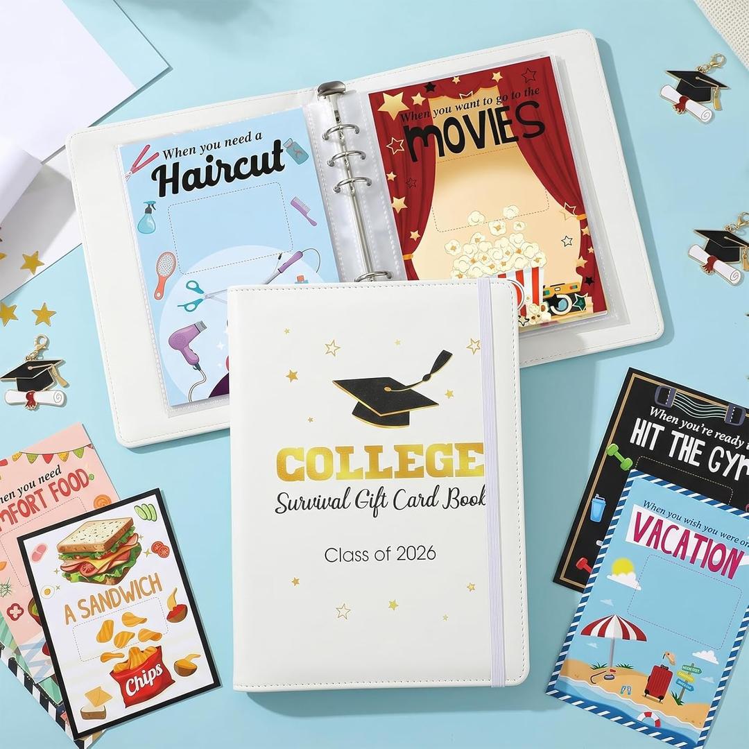 Funrous College Gift Card Book 7 x 5 Inch, Class of 2026 Graduation Gift Card Holder Book for Her Him, First Year of College Survival Kit, 25 Cards Booklet for Graduates, White Gold
