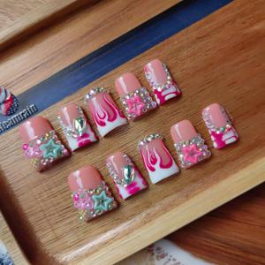 Handmade Press on Nails short Square Shape M Size/Gleamrain Luxury Duck Hand Made Cute Acrylic Glue on Nails With Rhinestones and Flower Design Duck Nail for Women and Girls 10 Pcs