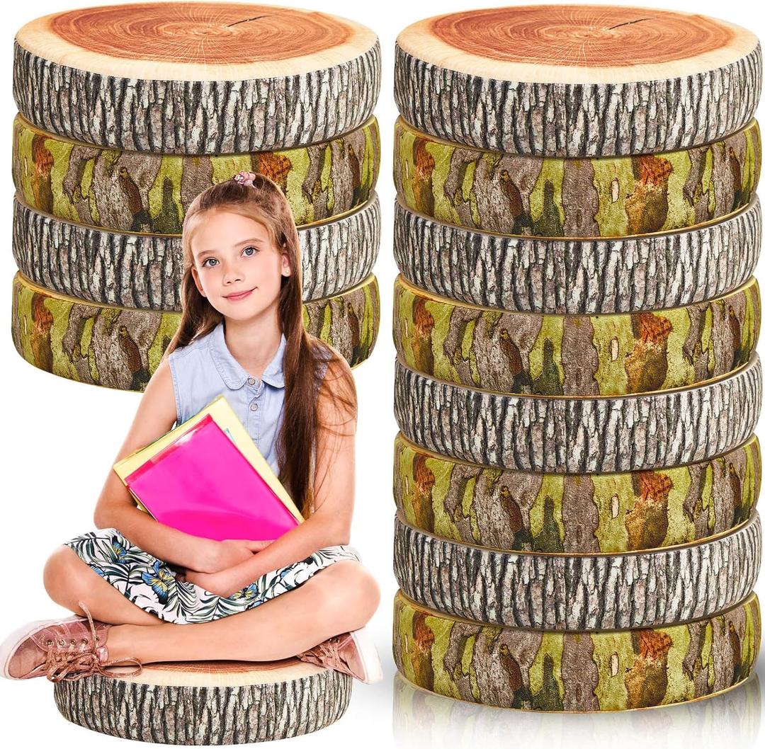 12 Pcs Flexible Seating Floor Sitting Cushion for Classroom Soft Tree Stump Stool Set 3D Digital Print Soft Round Throw Pillow Decorative Wood Slice Floor Cushion for Classroom Kids Couch Chair Home