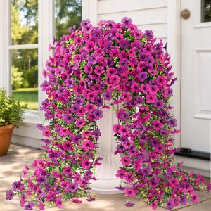 Yastouay 4 Pcs Artificial Flowers for Outdoors, UV Resistant Fake Outdoor Flowers, Realistic Artificial Plants & Flowers for Outdoor Porch Patio Window Garden Decor(Purple & Rose Red)