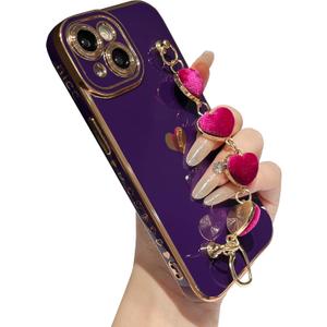 Caseative for iPhone 15 Case,Cute Plating Love Heart Wrist Strap Chain Bracelet Phone Case (Purple)