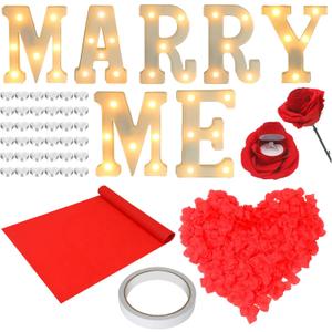 Baquler Romantic Proposal Decorations Kit Large Marry Me Letters Rose Petals Heart Shaped Candles Carpet Double Sided Tape Engagement Rose Ring Box for Proposal Engagement Wedding Table Decorations