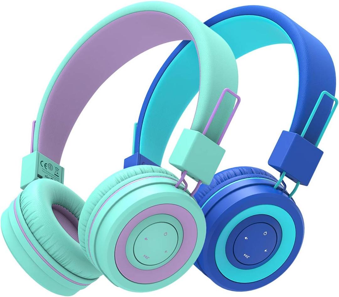 iClever [2 Pack BTH02 Kids Bluetooth Headphones for School with MIC, 85dBA Volume Protection, Adjustable Foldable,for iPad/Tablet/Airplane, Green/Blue (small)