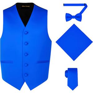 Oliver George 4pc Men's Solid Formal Suit Waistcoat Tuxedo Dress Vest Necktie Bowtie Handkerchief Set for Suit or Tuxedo (XL, Royal Blue)