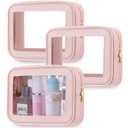Abbylike 3 Pcs Clear Makeup Bags Travel Cosmetic Organizer Case Nylon Toiletry Bag with Zipper PVC Transparent Makeup Pouch Portable Storage Car Essentials for Women Gifts(Pink) (Small)