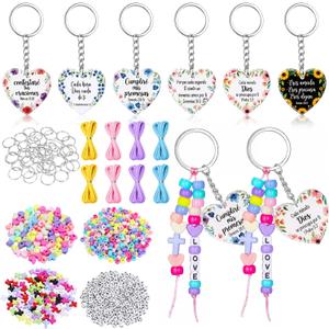 24 Sets Christian Keychain Making Craft Kit, DIY Religious Bible Verse Keychains Set 1.57" Acrylic Christian Keychains with Alphabet Cross Heart Beads for Father's Day Party Women Men(Spanish), 4 cm/1.57 inch
