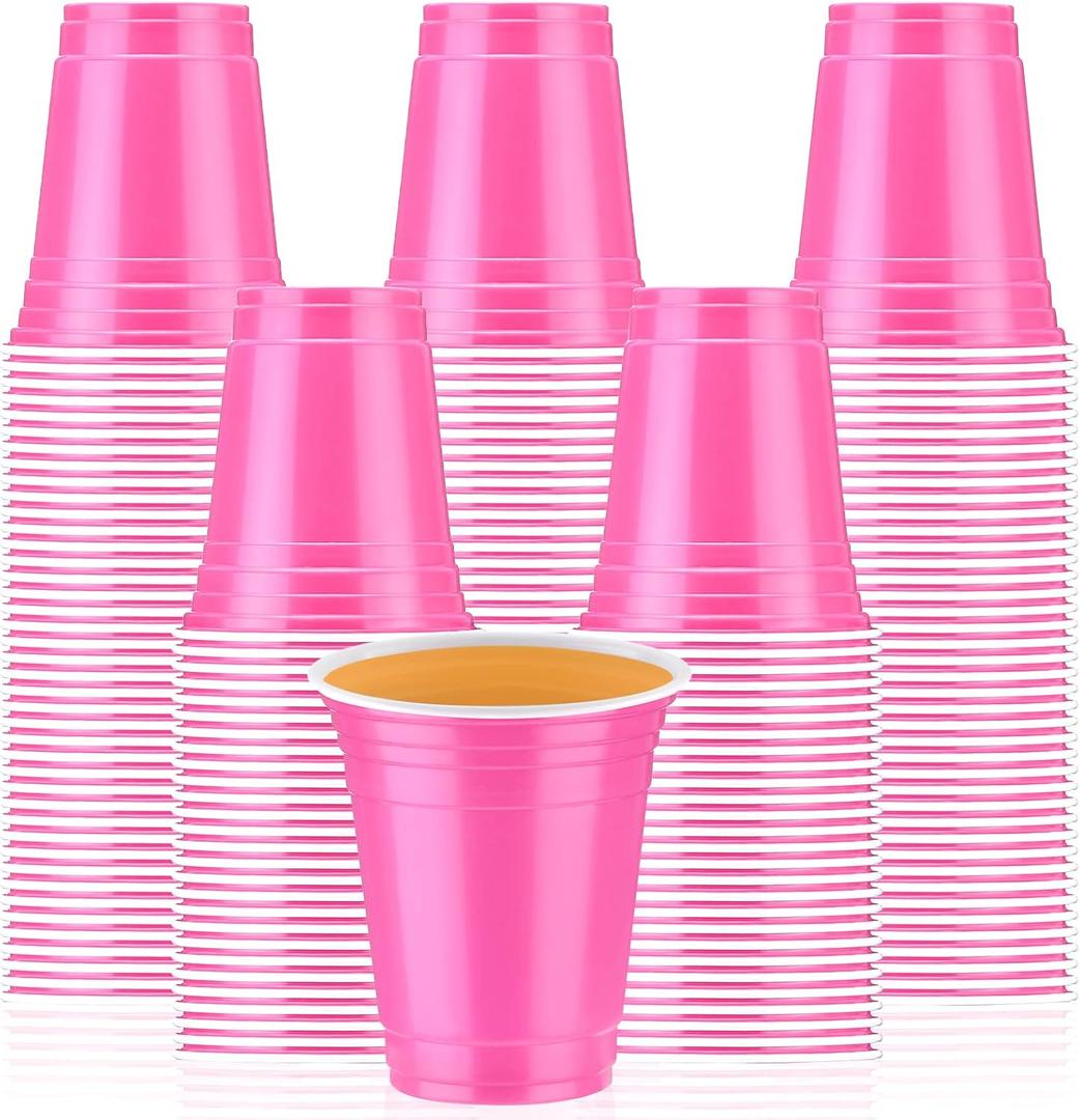 Sabary 100 Pack 12oz Plastic Cups Halloween Heavy Duty Drinking Disposable Cups with Lines for Beverage Holiday Camping Barbecues Birthday Party Outdoor Picnic(Pink and White)