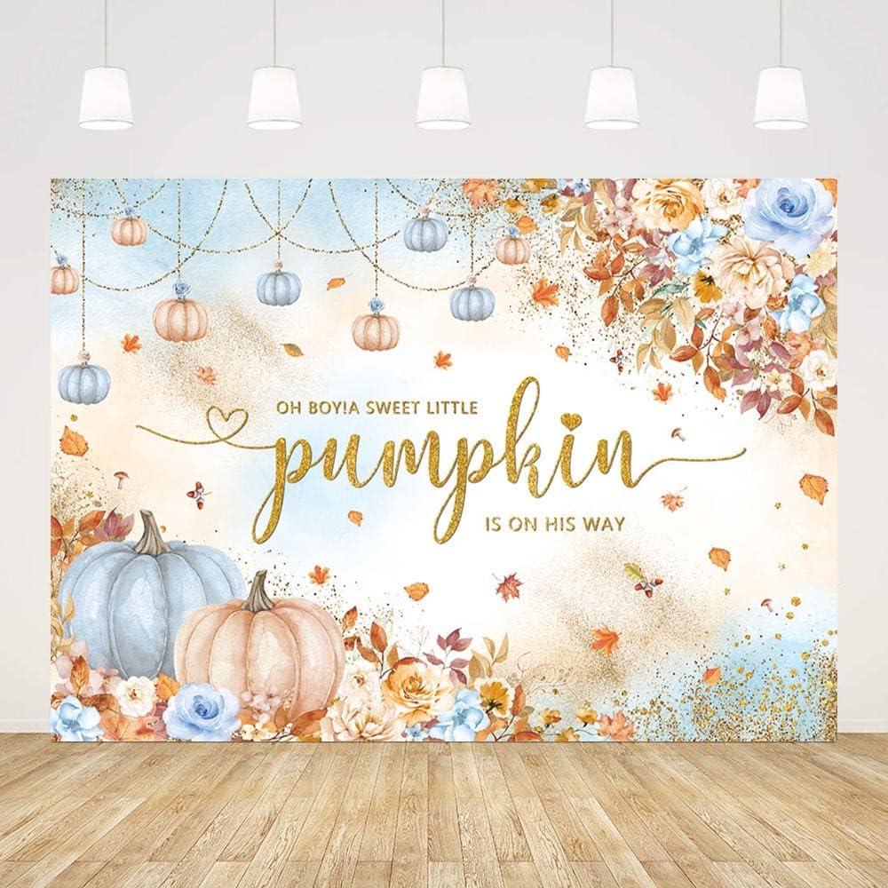 7x5ft Baby Shower Backdrop Oh Boy A Sweet Little Pumpkin is On His Way Background for Boy Pink Blue Pumpkins Flowers Decorations Banner Photography