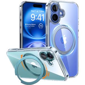 TORRAS 360° Magnetic Stand for iPhone 16 Case, [Compatible with MagSafe] [Rotatable Flexible Kickstand], 16ft Mil-Grade Shockproof Protection Versatile Ring Holder, Anti-Yellow & Crystal Clear 6.1"