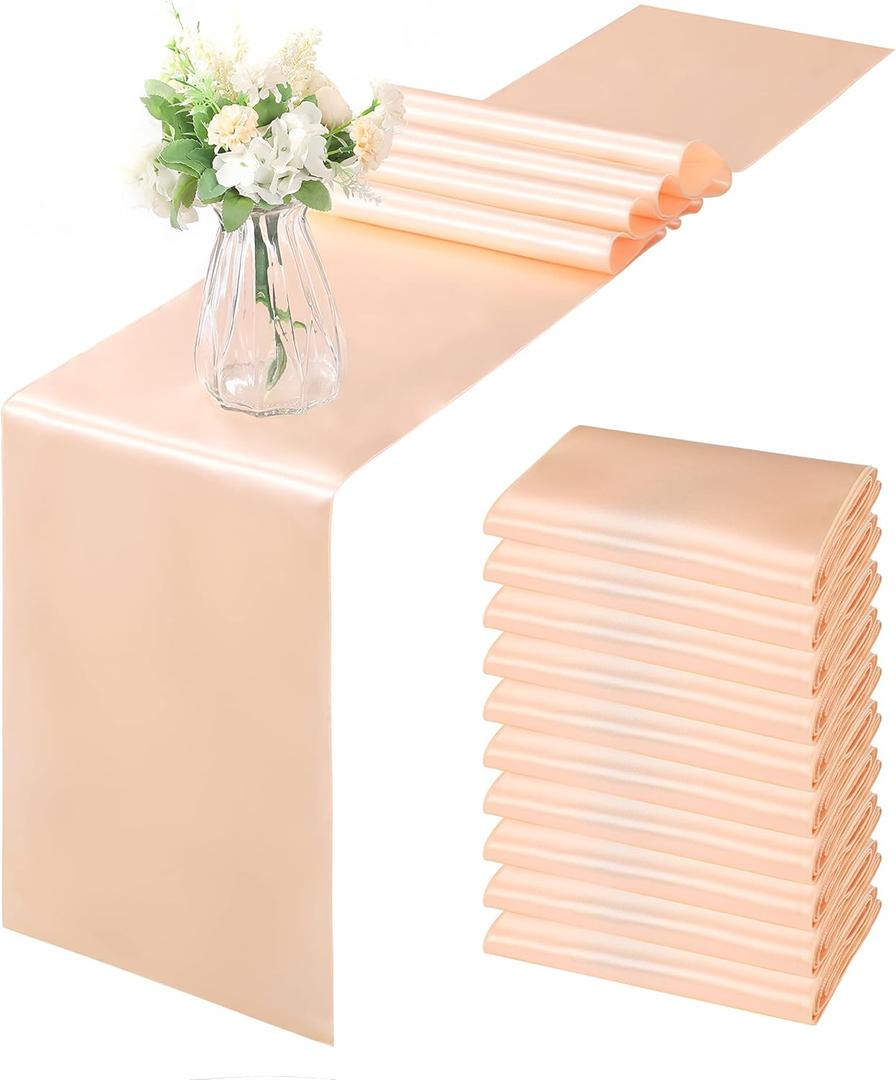 Horbaunal 12 Pack Peach Satin Table Runner 12 x 108 Inch, Smooth Table Runners for Wedding Banquets Birthday Party
