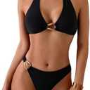 SOLY HUX Women's Halter Bikini Set V Neck Ring Linked Bathing Suit Summer Beach Two Piece Swimsuit, Size L