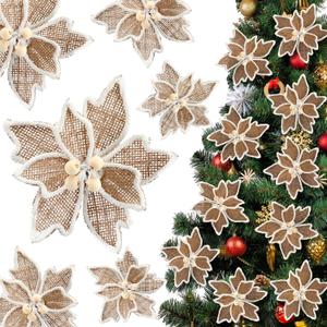 Giegxin 12 Pcs Christmas Burlap Poinsettia Flowers Artificial Xmas Natural Burlap Flower with Faux Picks 7.9inches Vintage DIY Christmas Tree Wreath Ornaments for Home New Year Party Decoration Supply
