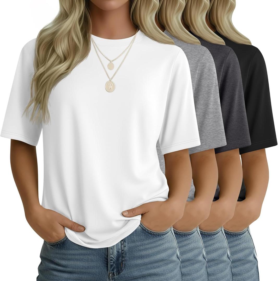 4 Pack Women's Half Sleeve T Shirts 1/2 Sleeve Basic Crew Neck Tops Elbow Length Casual Loose Fit Summer Tees (X-Large, White, Light Gray, Dark Gray, Black)