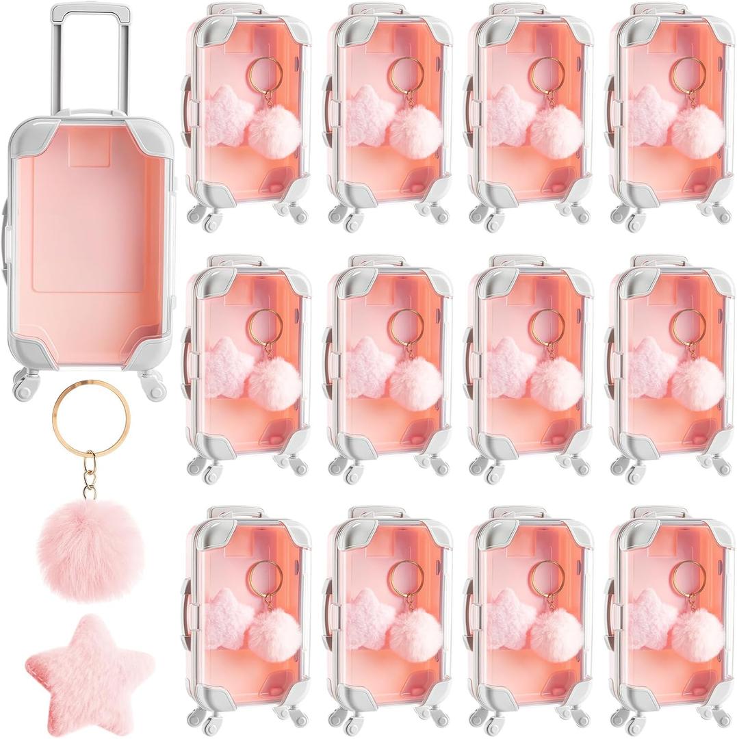 LemonRoad 36 Pcs Mini Suitcase Party Favor Box with Plush Ball Keychains and Hair Clips 6.69 x 3.74 x 1.97 Inches Clear Mini Suitcase Gift Box for Travel Wedding Birthday Party Favors (Pink)