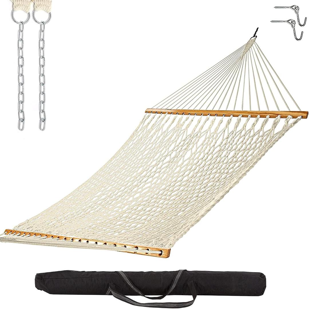 Castaway Living 13 ft. Double Traditional Hand Woven Cotton Rope Hammock with Storage Bag 2-Person, 450 lb Capacity, Free Extension Chains & Tree Hooks, Designed in The USA