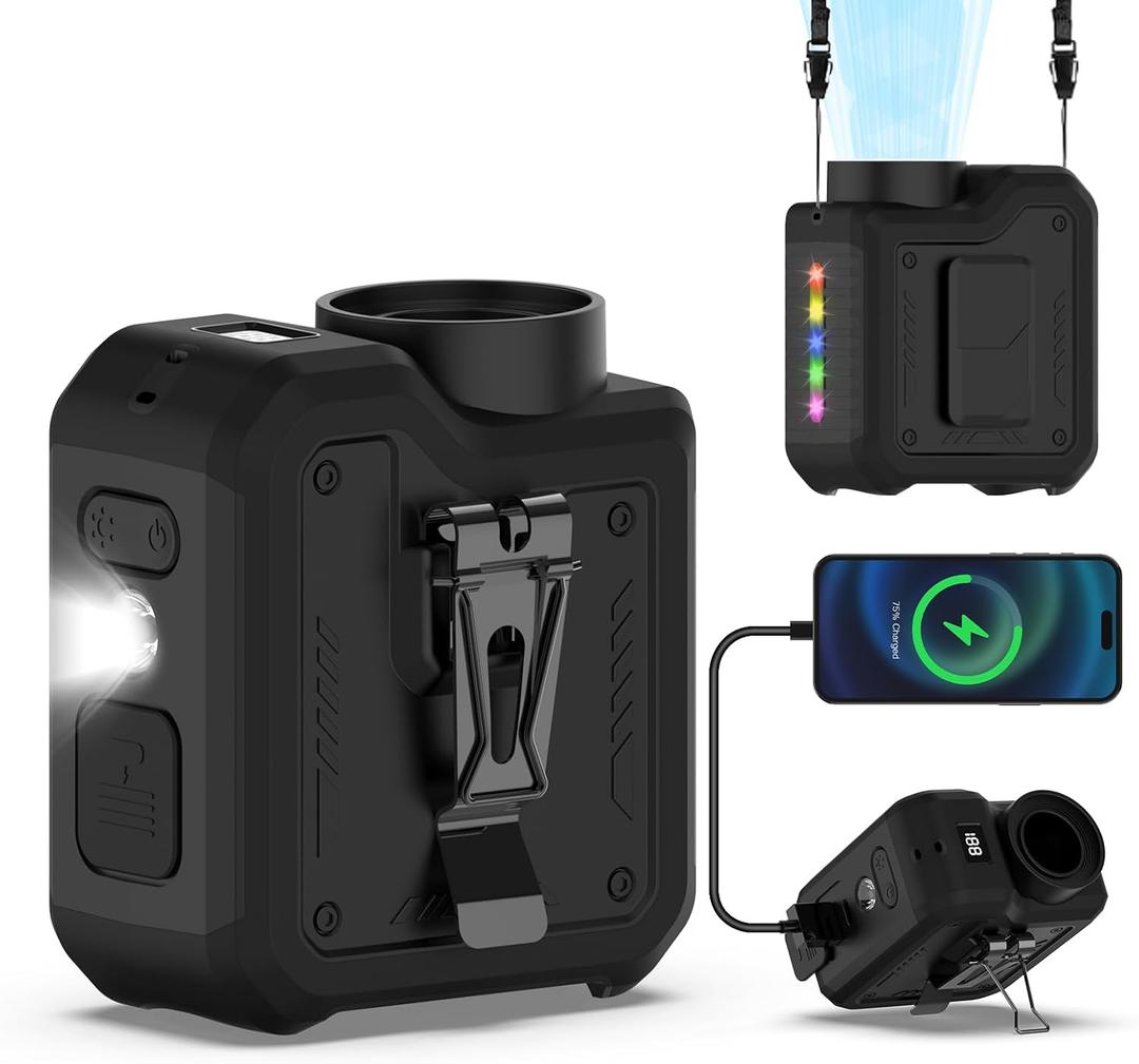 Qerhod 7-in-1 Portable Turbo Fan,Personal Wearable Waist Fan with Clip,Hands-Free Flashlight & More,Powerful Cooling,24H Runtime,LED Display,10000mAh Rechargeable,4 Speeds,Gifts for Men Dad (Black)