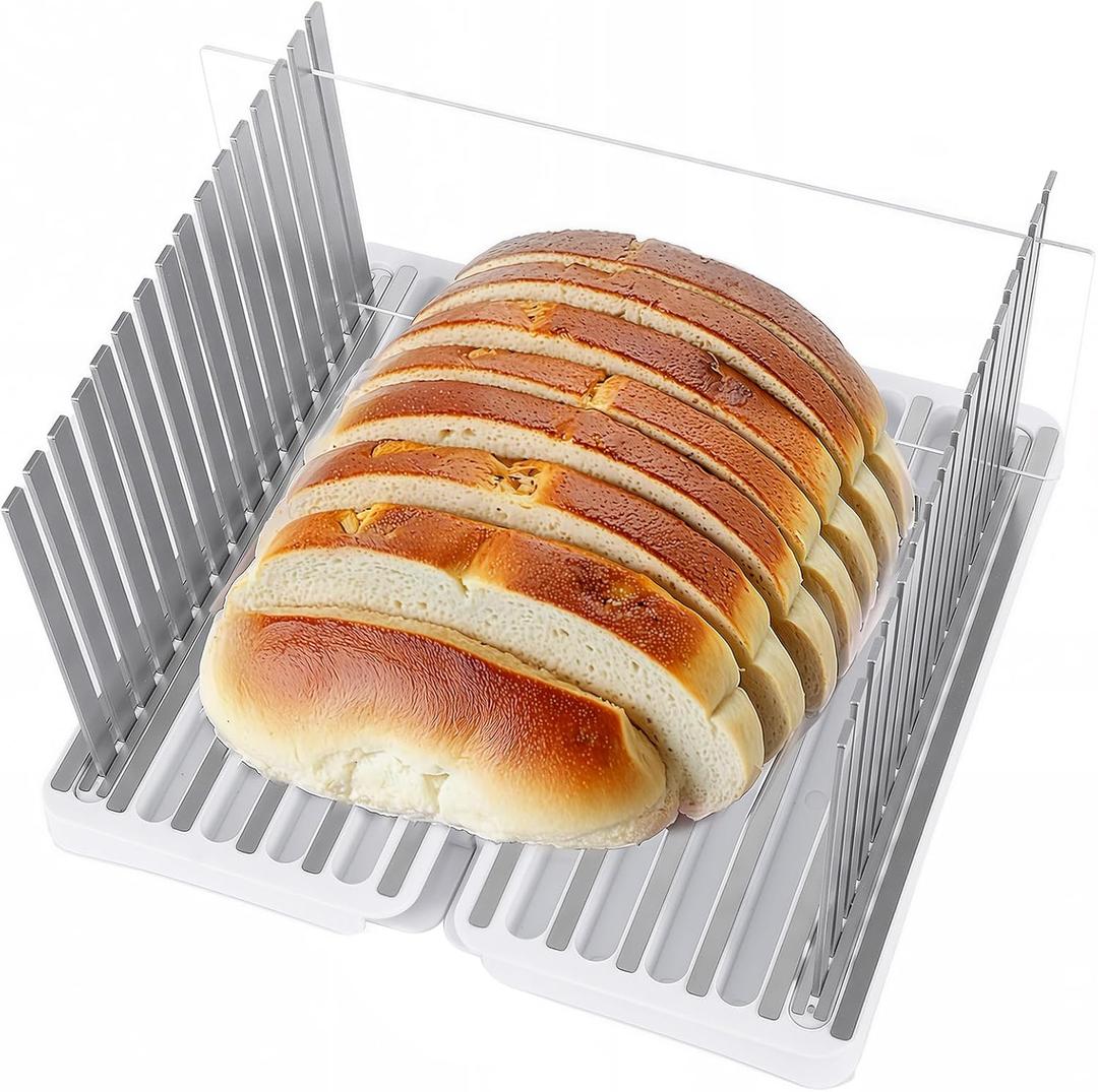 Bread Slicer for Homemade Bread, 304 Stainless Steel Bread Cutter, Adjustable Sourdough Slicer, Foldable Bread Slicing Guide for Loaf, Bagel, Sandwich, Cakes, White