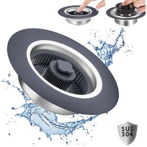3 in 1 Kitchen Sink Drain Strainer Stopper with Basket, Plug Pop Up 304 Stainless Steel Anti-Clogging Stoppers Combo for US Standard 3-1/2 Inch Drain, Silver
