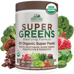 Country Farms Organic Super Greens Chocolate Flavor, 50 Organic Super Foods, USDA Organic Drink Mix, Packed with Fiber, Fruits, Vegetables, Mushrooms & Probiotics, Supports Energy, 7g Fiber (10.6 Ounce (Pack of 1))