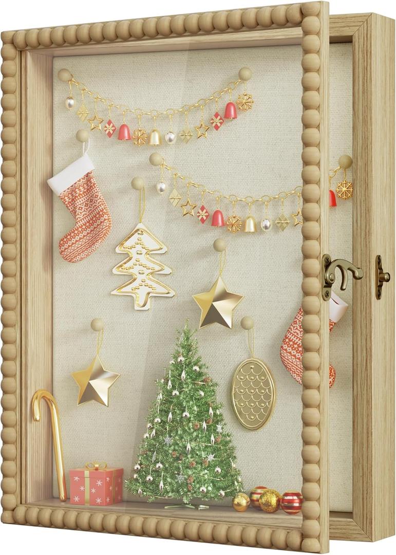 Love-KANKEI Shadow Box Frame 11x14, Deep Large Shadow Box Display Case with Unique Beads Door and Glass Window, Wood Memory Box for Pictures,Medals,Memorabilia,Collections Natural