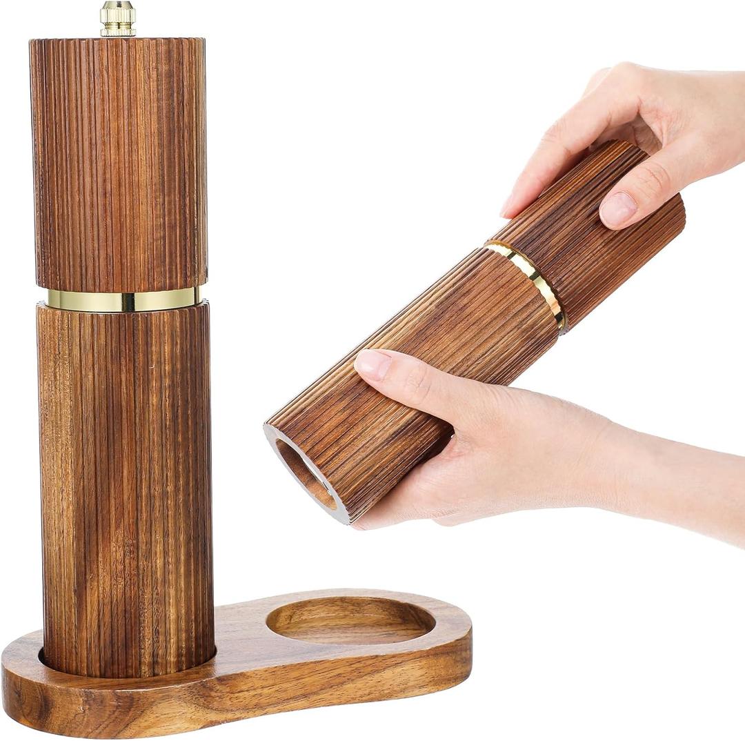Wooden Salt and Pepper Grinder Set, Refillable Wooden Manual Salt and Pepper Mill Set with Adjustable Coarse Settings Rust Resistant Salt and Pepper Shakers Matching Wood Stand, Ideal for Gifting