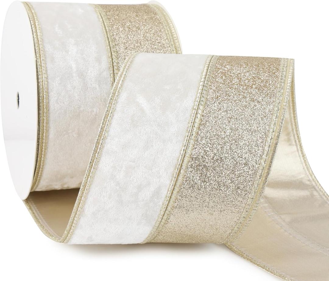 Ivory Velvet Wired Christmas Ribbon 4 Inch Extra Wide Thick Ivory and Gold Glitter Holiday Ribbon  10-Yards Roll for Tree Decorations, Gift Wrapping, Wreaths, and DIY Crafts