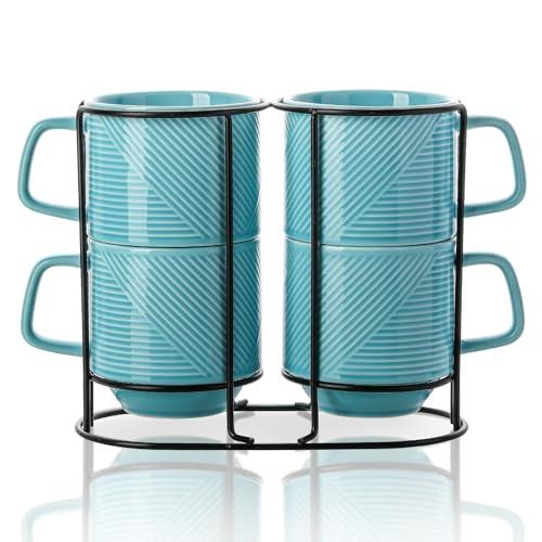 Adewnest Stackable Coffee Mugs with Rack: 13 oz Stacking Ceramic Cups with Stand - Porcelain Stacked Tea Mug Set of 3 (Turquoise)