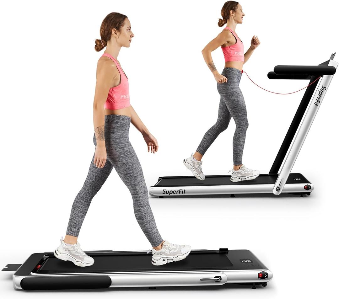 Goplus 2 in 1 Folding Treadmill, 2.25HP Superfit Under Desk Electric Treadmill, Installation-Free with Remote Control, APP Control and LED Display, Walking Jogging for Home Office (Silver)