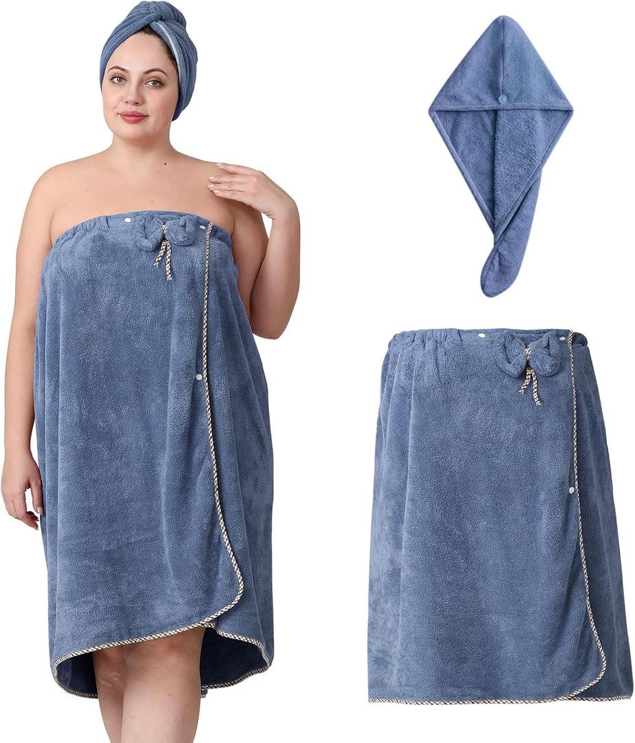 OneDream Plus Size Towel Wrap for Women, Adjustable Towel Wrap Women with Hair Towel (XXL-XXXXL), Bath Towel Dress After Shower, Large Spa Towels for Body Blue