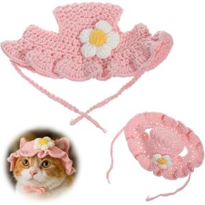 Cute Cat Hat Soft Cotton Knitted Hats Pet Costume Accessories Headwear Cap for Puppy Cats Kitten Dogs Birthday Party Christmas Halloween (Pink)