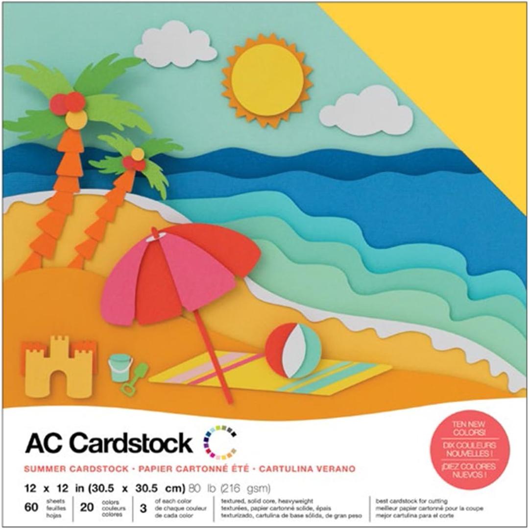 Cardstock 12x12 Scrapbook Paper Pack - Textured Heavy Duty Paper for Die Cutting, Card Making, Crafts - 60 Square Sheets, 20 Unique Colors, 80lb (216gsm), Solid Core - Summer