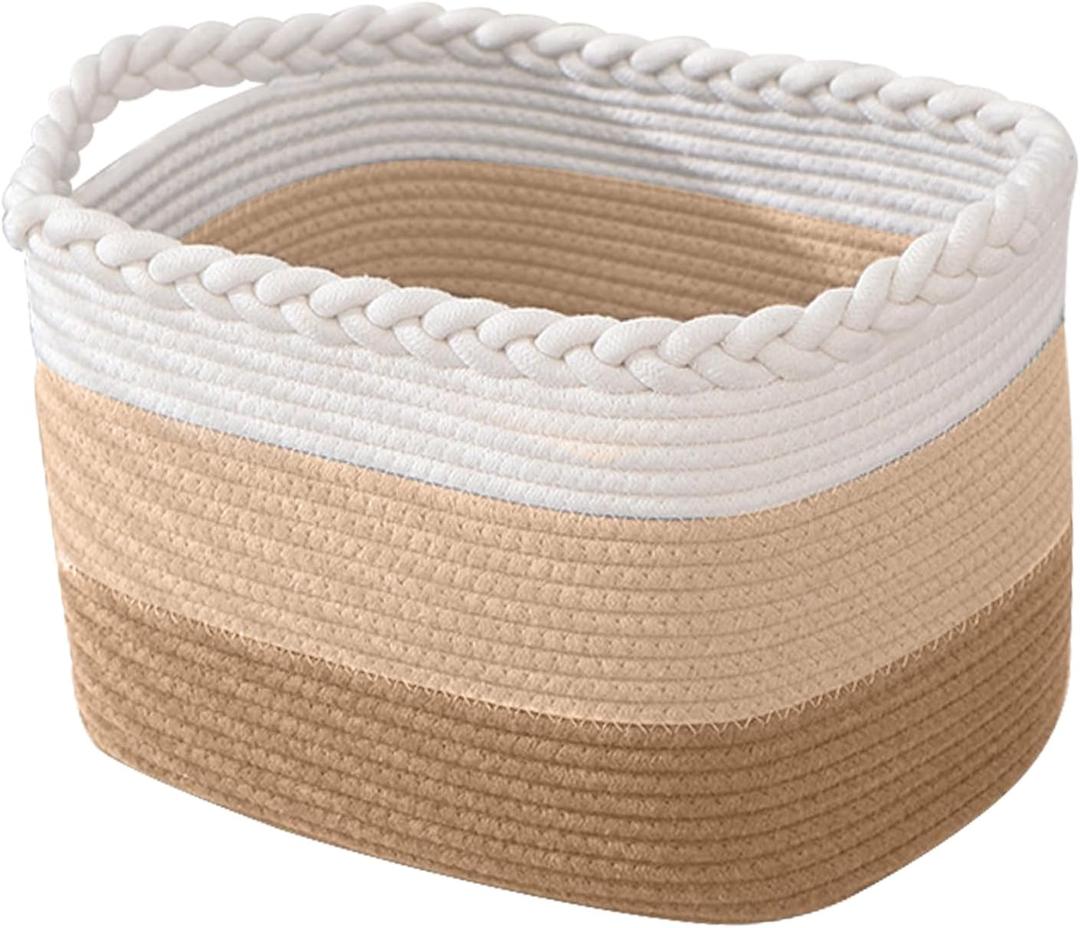 Cotton Rope Storage Basket, Rectangle Woven Baskets with Handles for Shelves, Home Organizer Storage Bins Cubes, Toy Laundry Towel Basket for Living Room Bathroom, 15x10x9.5 Inches, Pack of 1