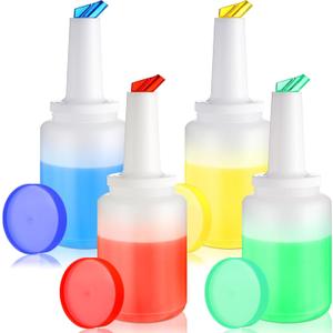 4 Pcs 2 Qt Bar Juice Pour Bottles Plastic Juice Wine Store and Pour Storage Containers with Colorful Spout & Lid Plastic Wine Pourer for Bars & Event Home Party Kitchen Supplies