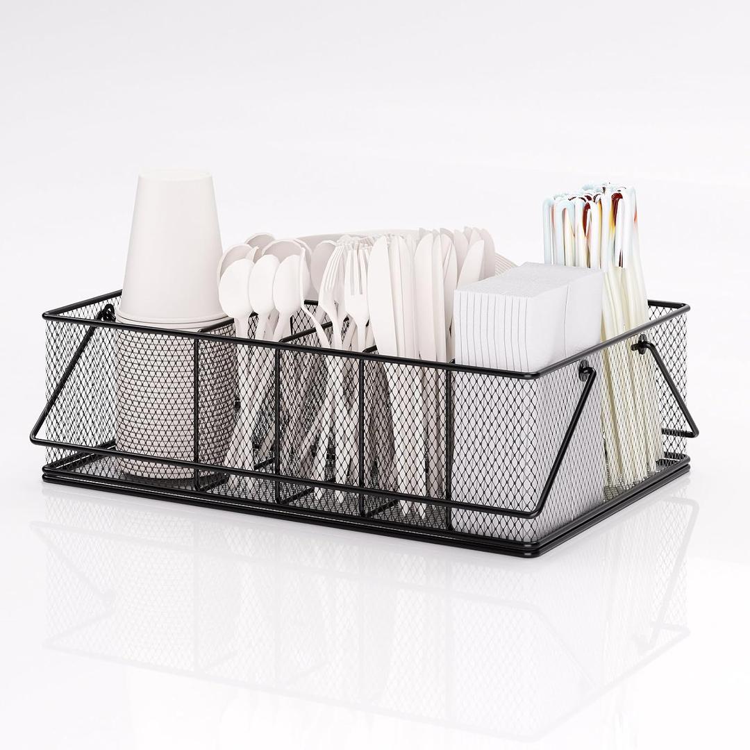 Paper Plate Organizer for Countertop, Metal Silverware Caddy with 6 Compartments for Cup, Napkin, Utensil Holder Caddy for Party, Camping, Picnic