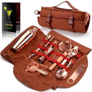 Travel Bartender Kit with Bag | 17-Piece Copper Bar Tool Set & Portable Bar Bag with Shoulder Strap for Easy Carry and Storage | Best Rose Gold Travel Bar Set for Cocktail Making