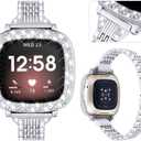 MOFREE Bling Band Compatible with Fitbit Versa 3 Bands/Fitbit Sense Bands Women with Hard Bling Bumper Protective Case,Dressy Jewelry Diamond Rhinestone Metal Wristband for Fitbit Versa (Silver)