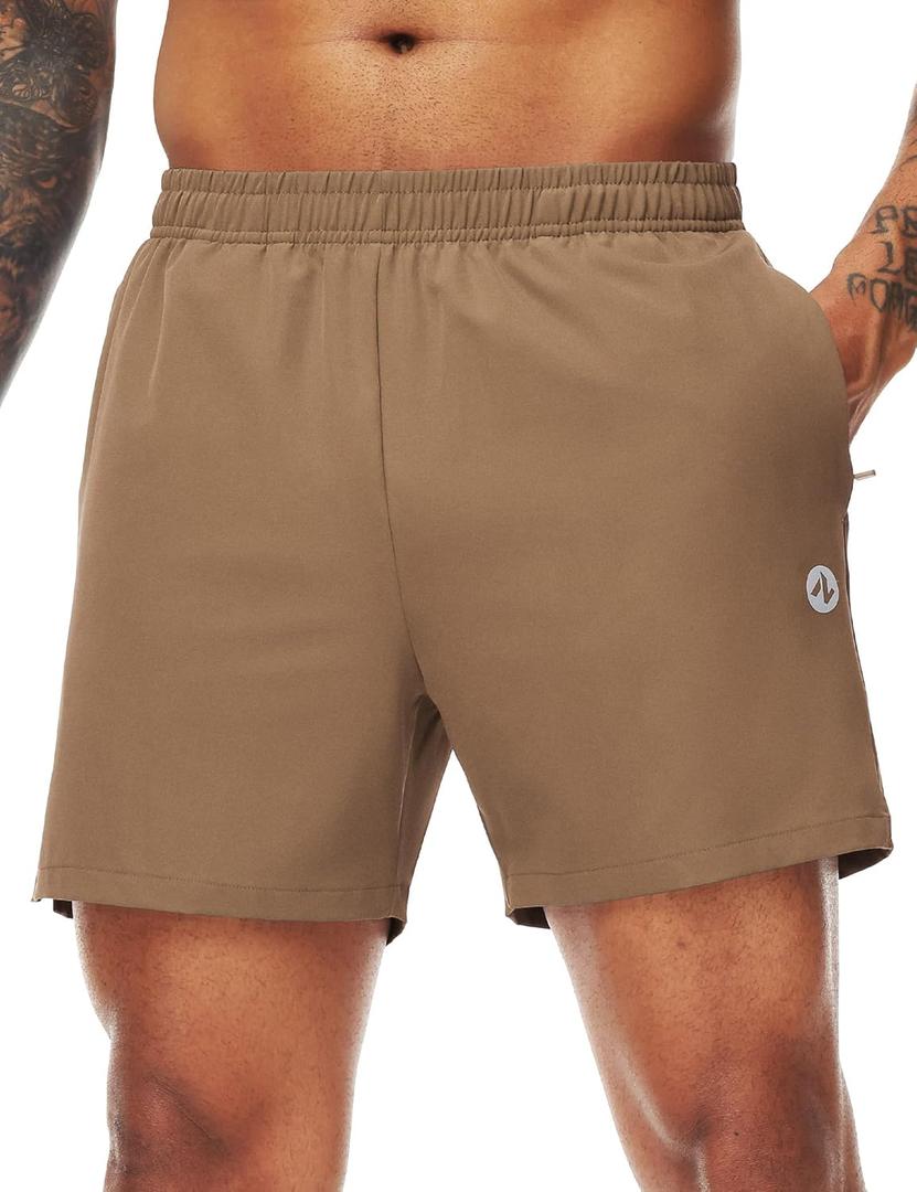 Nepest Men's Running Athletic Shorts with Zipper Pockets 5 in Inseam Linerless Dry Fit Workout Gym Shorts (Small, Khaki)