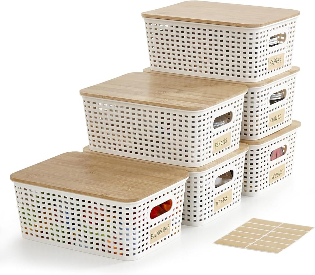 Bagnizer Small Plastic Storage Bins with Bamboo Lids 5.2qt Stackable Box Basket Pantry Decorative Containers Cute with Labels for Organizing Desktop Closet Office Cream White of 6 packs 10*7.2*4.1"